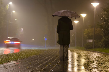 Woman with an Umbrella in a Rainy Night with Fog and Traffic in Switzerland.