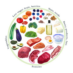 Hand drawn different vegetables, meat, fish, cheese and nuts for the ketogenic diet or low carb diet.