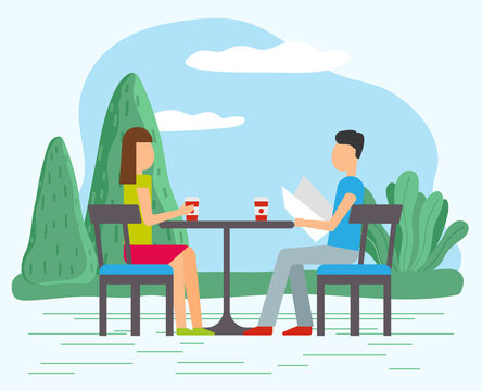 Woman and man have date in cafe, outdoor summer terrace. Couple spend leisure time sitting on chairs on fresh air. People drink coffee from paper cups. Vector illustration of dating in flat style