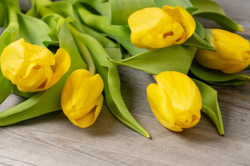 five yellow tulips on wooden table