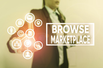 Writing note showing Browse Marketplace. Business concept for looking through a set of information...