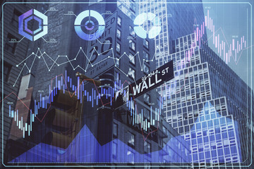 Forex chart on cityscape with tall buildings background multi exposure. Financial research concept.