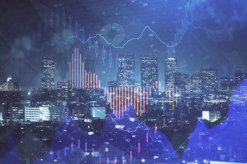 Plakat Financial graph on night city scape with tall buildings background multi exposure. Analysis concept.