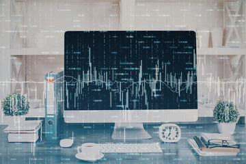 Forex graph hologram on table with computer background. Double exposure. Concept of financial markets.