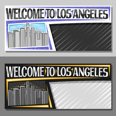 Vector layouts for Los Angeles with copy space, decorative voucher with black and white line illustration of LA cityscape on sky background, coupon with brush letters for words welcome to los angeles.