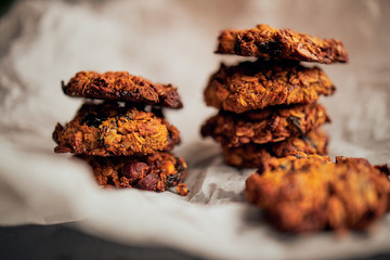 Freshly baked breakfast cookies served on baking paper	