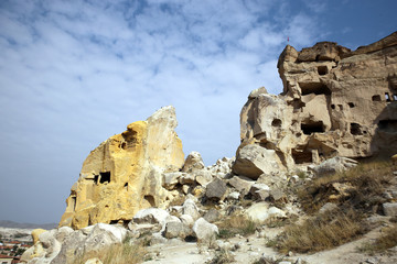 Chavushin, Turkey - 09/17/2009: Chavushin fortress carved in the rocks of Cappadocia.