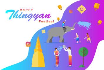 Thingyan, Burmese New Year Festival, Water Festival in Burma, Vector Illustration