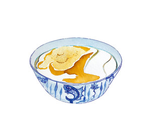 Watercolor bowl of Hong Kong dessert Hot Tofu, Soy Bean Curd with brown yellow sugar on top.