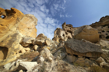 Chavushin, Turkey - 09/17/2009: Chavushin fortress carved in the rocks of Cappadocia.