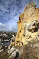 Unusual stones from volcanic rocks in the Red Valley near the village of Chavushin in the Cappadocia region in Turkey.