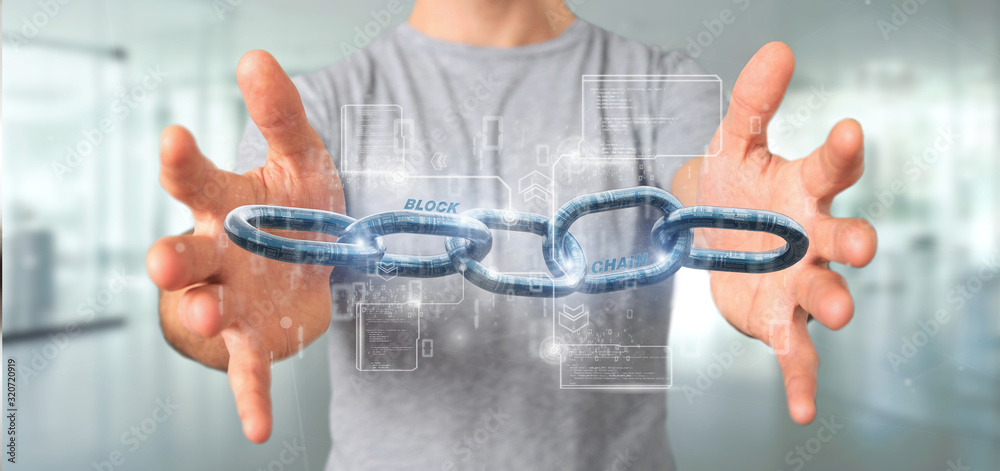 Poster businessman holding a virtual blockcahin with data - 3d rendering