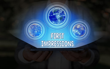 Conceptual hand writing showing First Impressions. Concept meaning first consideration or judgment...