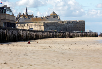 View of beach and old town of Saint-Malo. Brittany, France