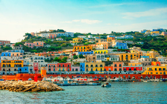 View of the harbor and port at Ponza, Lazio, Italy. Ponza is the largest island of the Italian Pontine Islands archipelago. Architecture and landmark of Ponza, Italy. Famous places of Ponza and Italy.