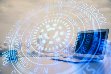 Double exposure of computer and technology theme hologram. Concept of freelance work.