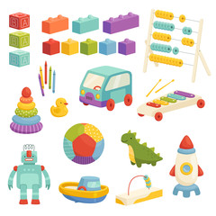 Set of children's educational toys with a cute design. Funny ball, rocket, constructor and other logic games.