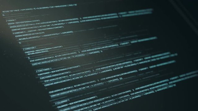 Hacker source code or text scrolling down a computer screen terminal. Dust and sun reflection on the display. Glitch and digital noise effect. Tech footage. Programming animation in 4K. Depth of Field