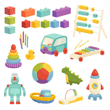 Set of children's educational toys with a cute design. Funny ball, rocket, constructor and other logic games.