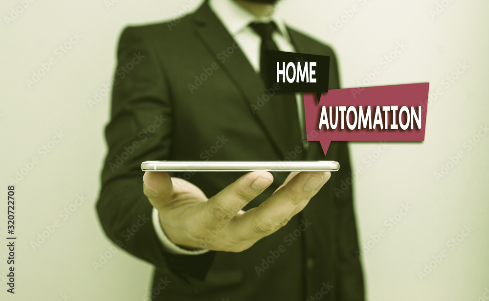 Poster writing note showing home automation. business concept for home solution that enables automating the