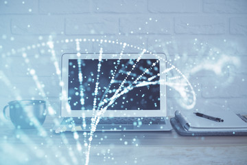 Desktop computer background and DNA drawing. Double exposure. Science concept.