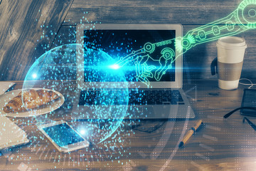 Double exposure of computer and technology theme drawing. Concept of innovation.