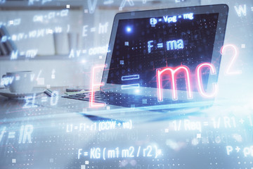 Desktop computer background and formula hologram writing. Double exposure. Education concept.