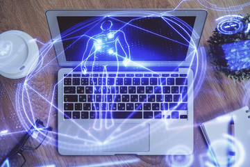 Desktop computer background and education theme drawing. Double exposure. Study concept.