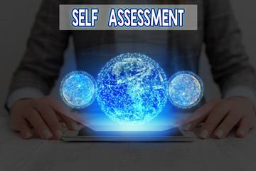 Conceptual hand writing showing Self Assessment. Concept meaning evaluation of oneself or one...