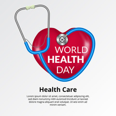 world health day. 7 april global healthcare. 3d stethoscope wrapped at love heart shape