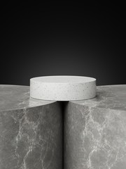 Cosmetic marble podium isolated in black background. Template for product presentation. 3d rendering - illustration.