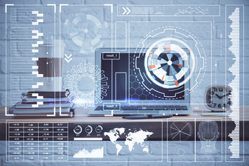 Technology theme drawing and table with computer. Double exposure. Concept of information.