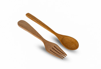 wooden spoon&fork isolated on white background