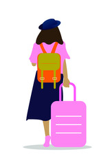 Young woman with a suitcase. Solo travel girl. Traveling concept.