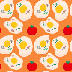 Fried eggs with spice and tomatoes flat vector seamless pattern. Food texture. Arugula. Tasty breakfast. Illustration in yellow, red and orange. Kitchen textile, wallpaper design, wrapping paper