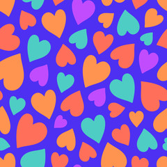 Fototapeta na wymiar Cute Valentine's Day hearts seamless pattern in trendy bright vibrant colors on a violet background. Flat and simple.