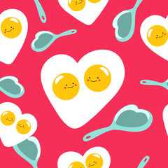 Valentine's Day eggs hearts seamless pattern. Fried eggs and pans background in flat cartoon style. Vector illustration.