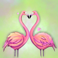 Illustration with pink flamingos in love