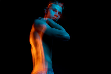 haughtily look. Naked torso handsome sexy man looking to the camera. Landscape orientation. Ghost....