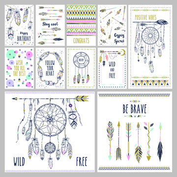 Card template collection for banners, flyers, posters with feathers, arrow and dream catchers in boho style
