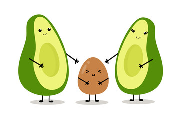 Funny vector fresh avocado family. Cute cartoon couple with child. Vector illustration isolated on white background