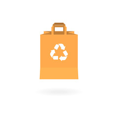 Blank craft vector realistic paper packaging bag with recycle sign and place for your design and branding. Isolated on white background with reflection.