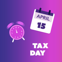 Modern Style Tax Day Reminder Concept, Blue and Purple Calendar Design with Clock - USA Tax Deadline Template, Due Date for IRS Federal Income Tax Returns: 15 April