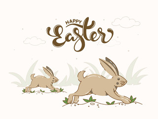 Happy Easter Font with Cartoon Rabbits Running on Grass White Background.
