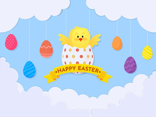 Blue Paper Cut Clouds Background Decorated with Hanging Printed Eggs and Cute Chick in Egg for Happy Easter Celebration Concept.