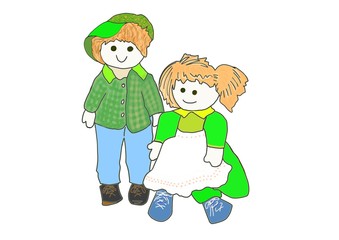 Poupées chiffons Gavroche en dessin d'illustration colorée, fille et garçon.