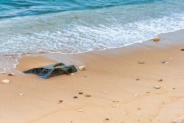 Top view Soft wave from sea come to wet sand beach background. With copy space for text or design