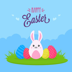Happy Easter Font with Cartoon Bunny Eggs on Blue Clouds Background.