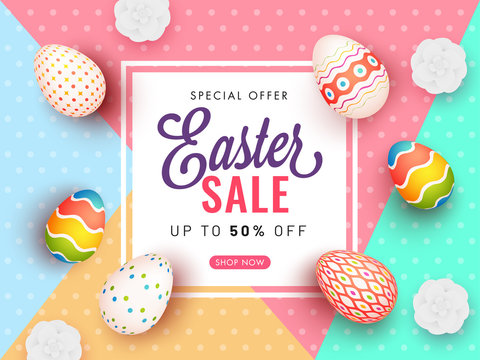 Easter Sale Poster Design with 50% Discount Offer, Top View Realistic Printed Eggs and Flowers Decorated on Colorful Polka Dots Background.