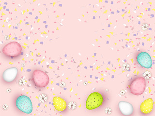 Fototapeta na wymiar Different Color Printed Eggs with Confetti and Flowers Decorated on Pastel Pink Background.